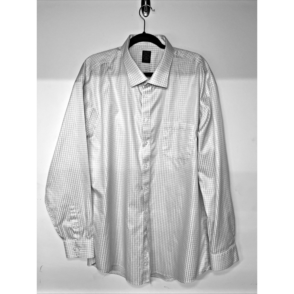 Tasso Elba Platinum 19 36/37 Tall Gray Gingham Dress Shirt Cotton Non Iron
